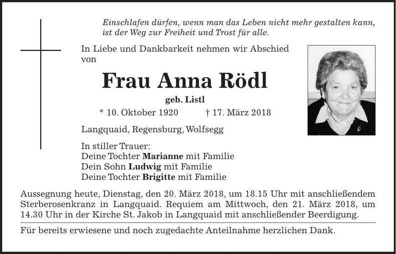 Traueranzeige Anna Rödl