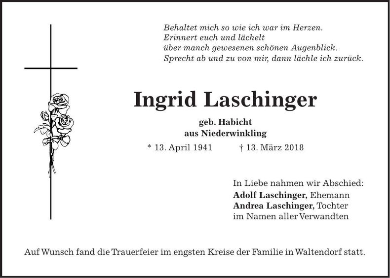Traueranzeige Ingrid Laschinger