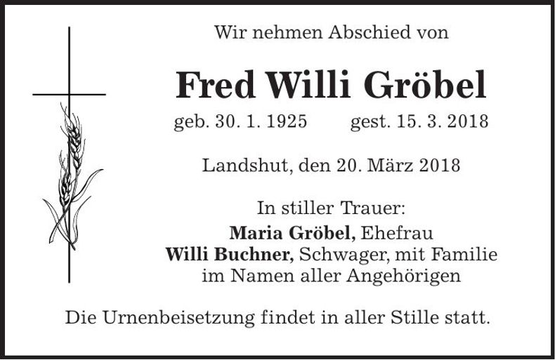 Traueranzeige Fred Willi Gröbel