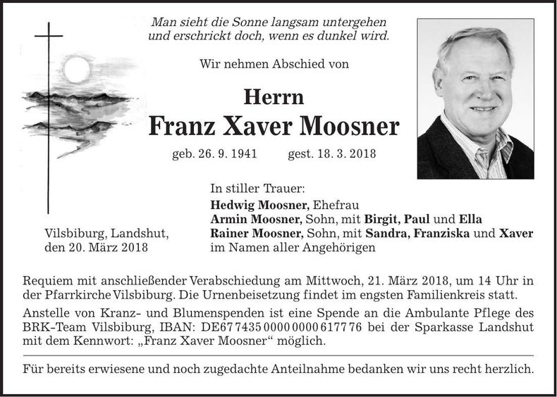 Traueranzeige Franz Xaver Moosner