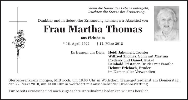 Traueranzeige Martha Thomas