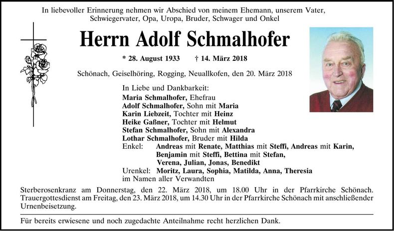 Traueranzeige Adolf Schmalhofer