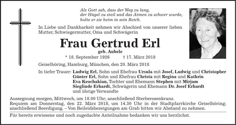 Traueranzeige Gertrud Erl