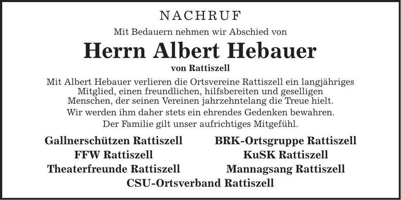 Traueranzeige Hebauer Albert