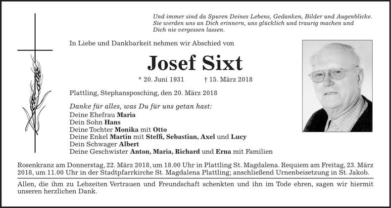 Traueranzeige Josef Sixt