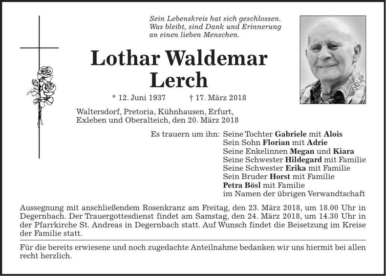Traueranzeige Waldemar Lothar Lerch