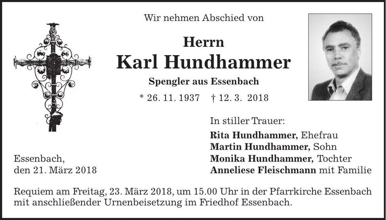 Traueranzeige Karl Hundhammer