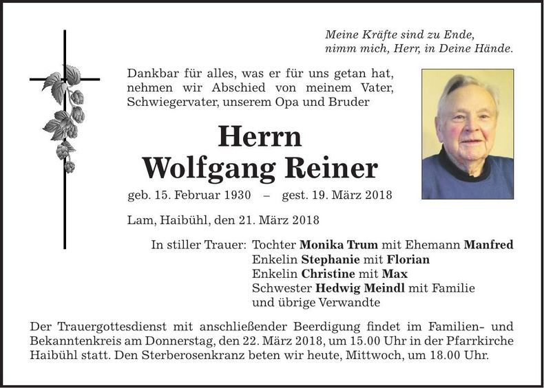 Traueranzeige Wolfgang Reiner
