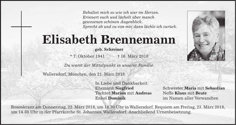 Traueranzeige Elisabeth Brennemann
