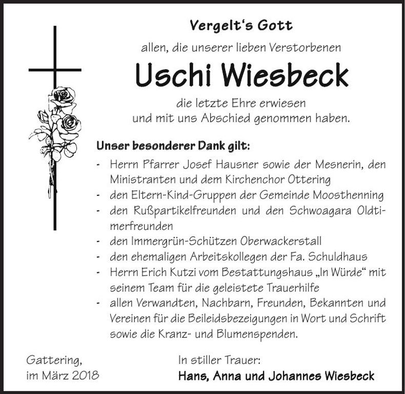 Traueranzeige Uschi Wiesbeck