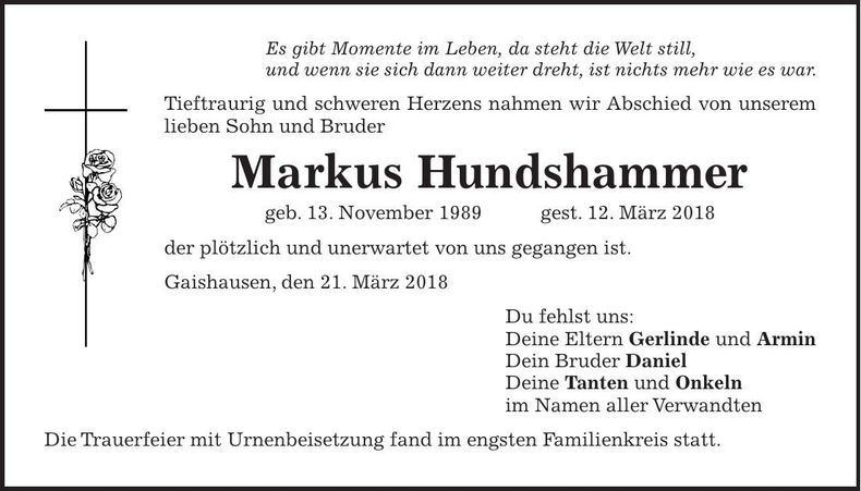 Traueranzeige Markus HUndshammer