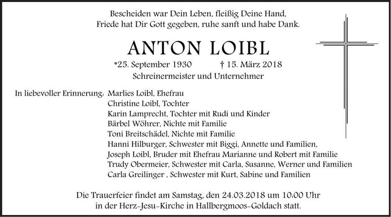 Traueranzeige Anton Loibl