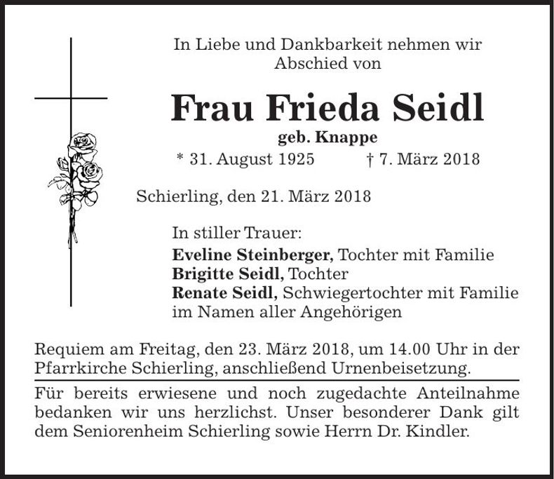 Traueranzeige Frieda Seidl