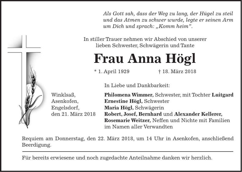 Traueranzeige Anna Högl