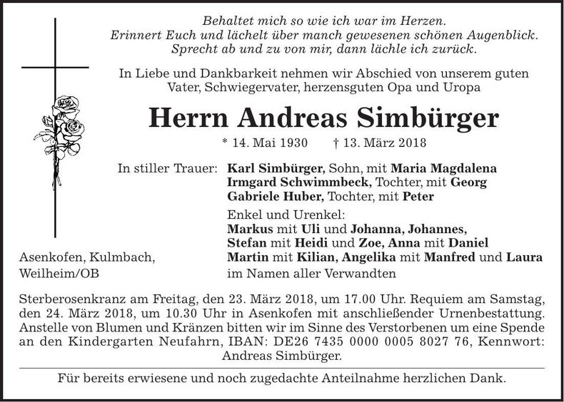 Traueranzeige Andreas Simbürger