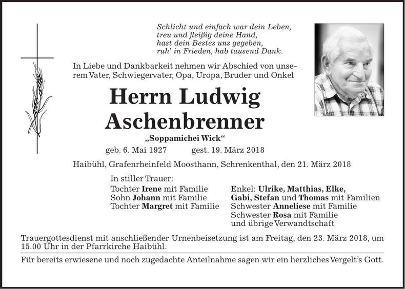 Traueranzeige Ludwig Aschenbrenner