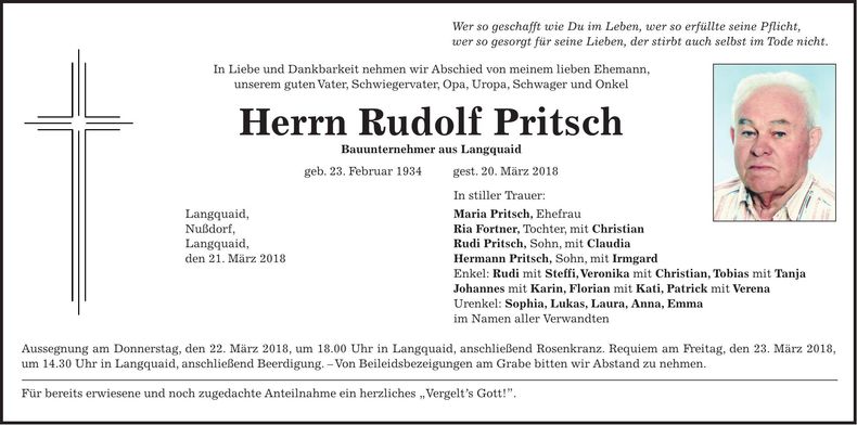 Traueranzeige Rudolf Pritsch