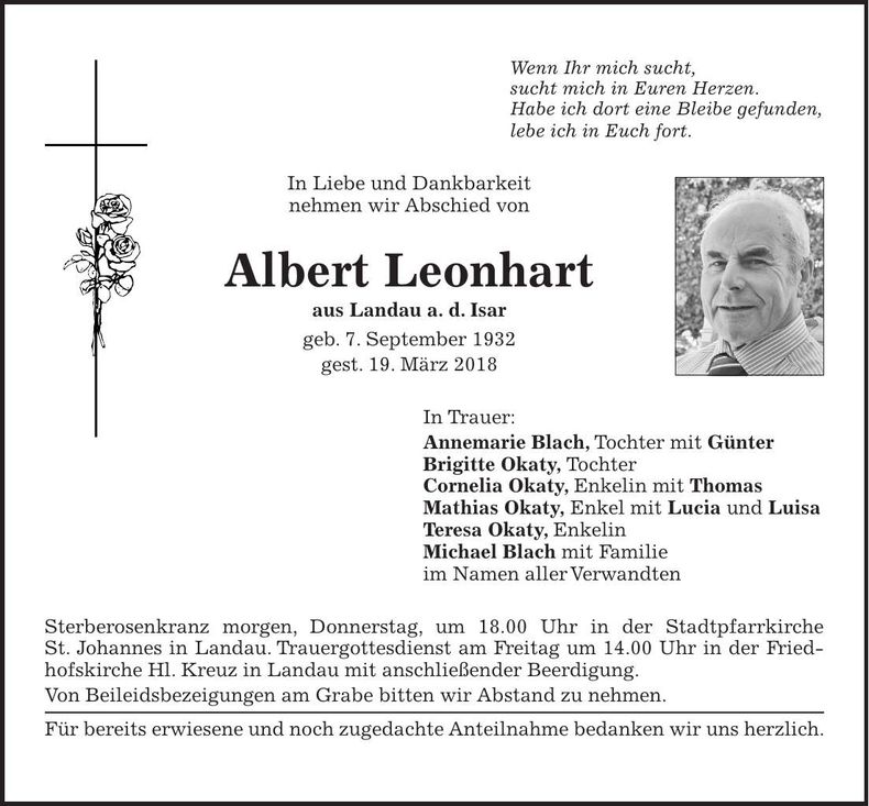 Traueranzeige Albert Leonhart