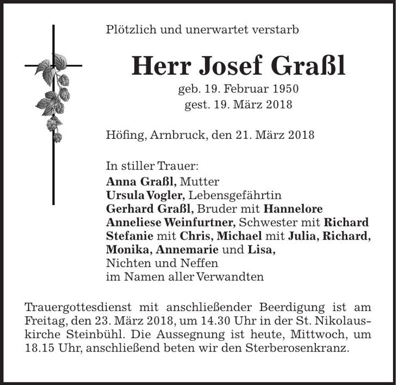 Traueranzeige Josef Graßl