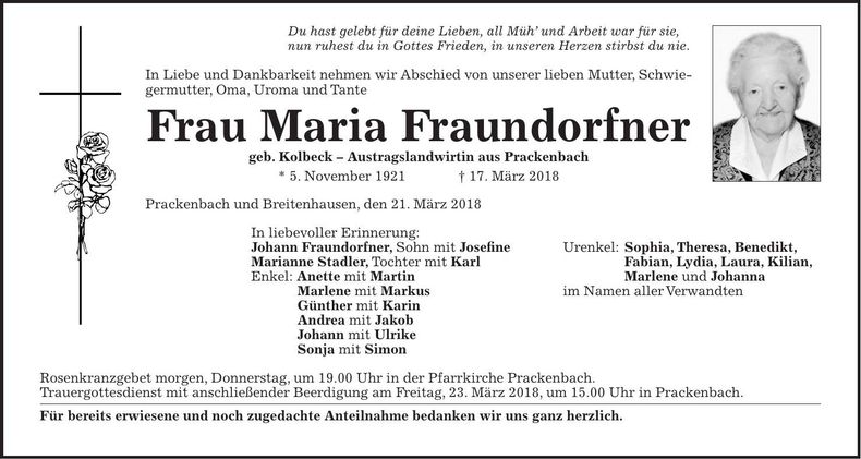 Traueranzeige Fraundorfer Maria