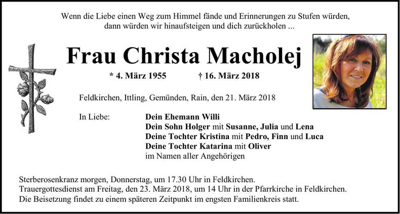 Traueranzeige Christa Macholej