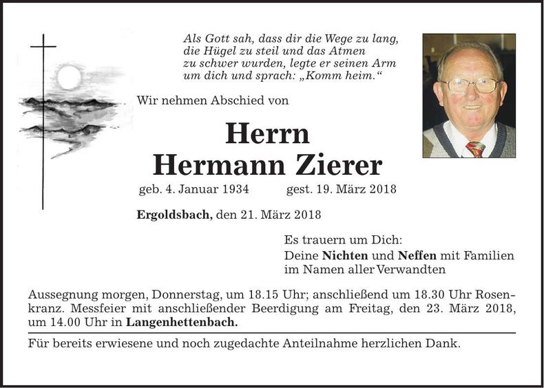 Traueranzeige Hermann Zierer
