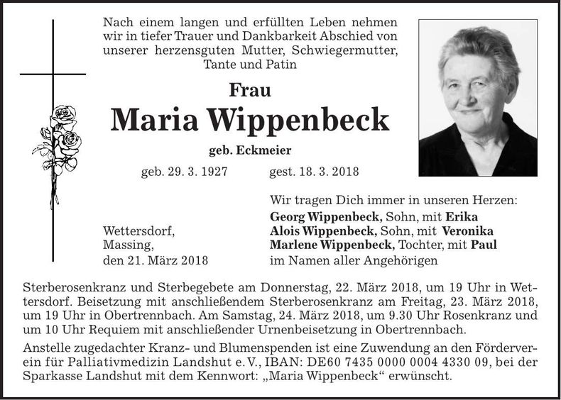 Traueranzeige Maria Wippenbeck