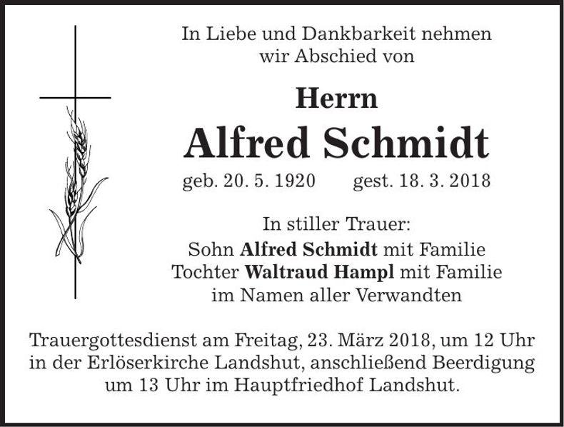 Traueranzeige Alfred Schmidt
