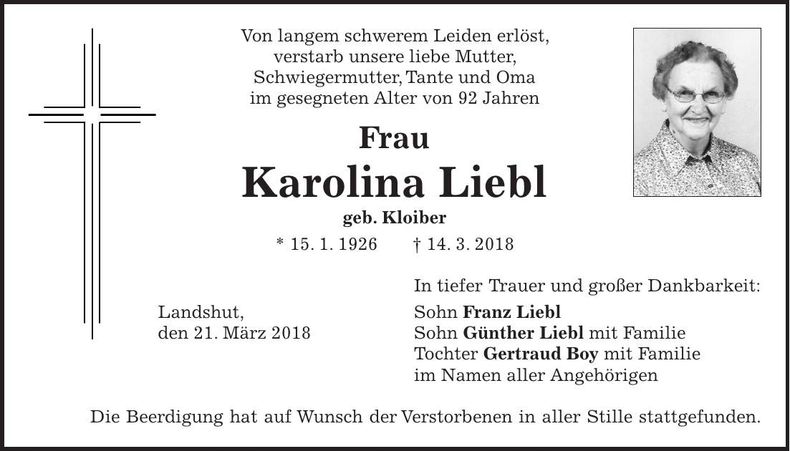 Traueranzeige Karolina Liebl