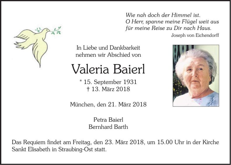 Traueranzeige Valeria Baierl