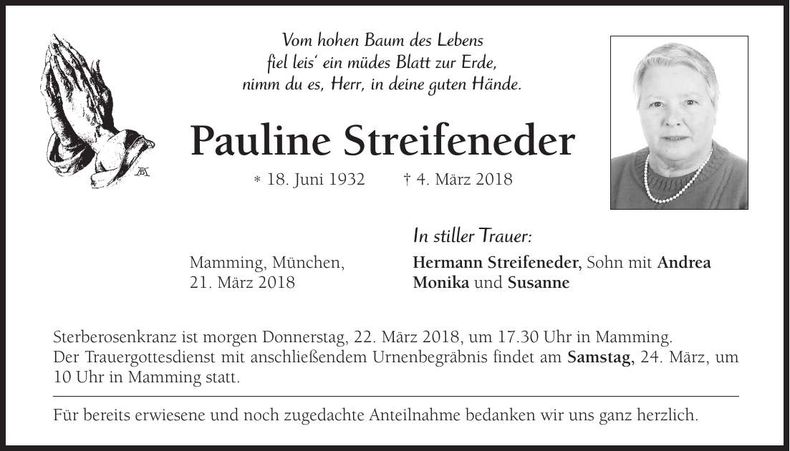 Traueranzeige Pauline Streifeneder