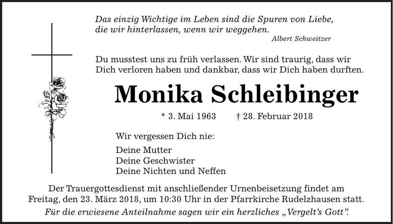 Traueranzeige Monika Schleibinger