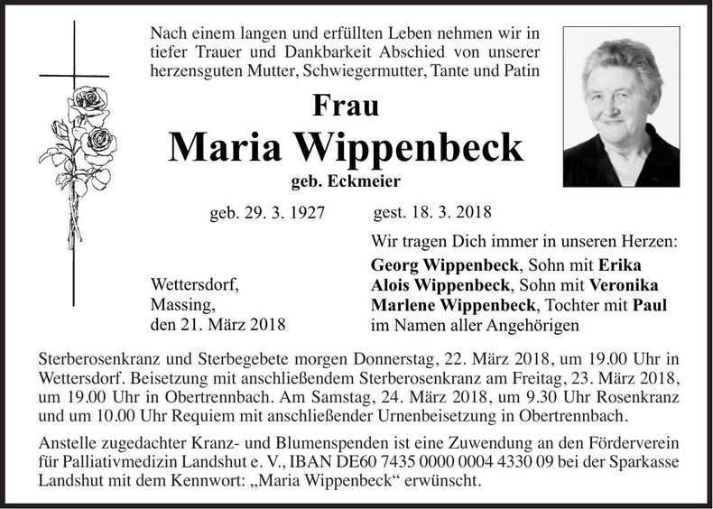 Traueranzeige Maria Wippenbeck