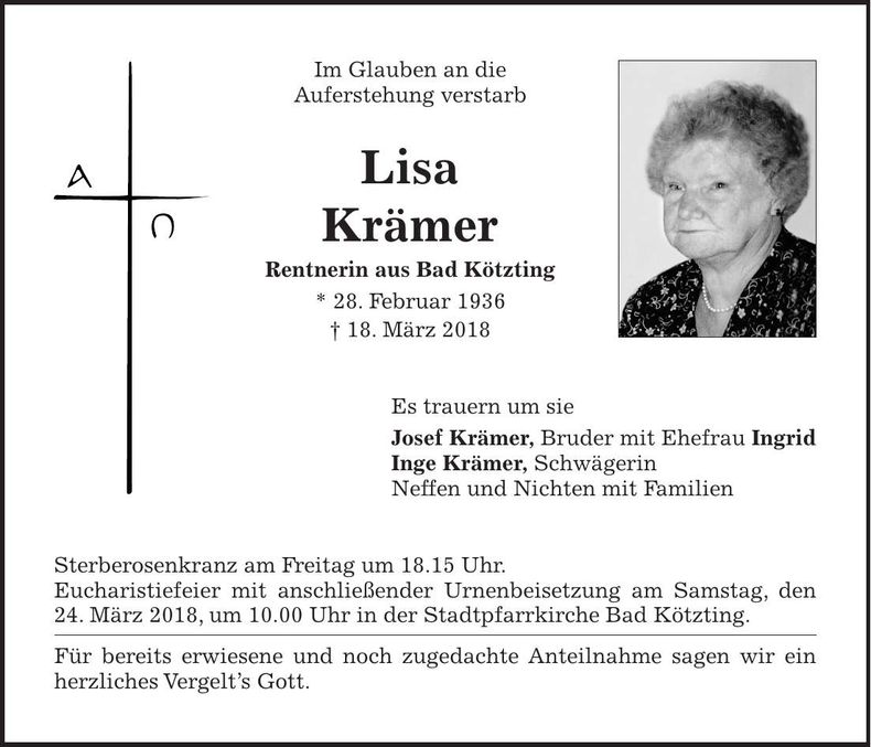 Traueranzeige Lisa Krämer