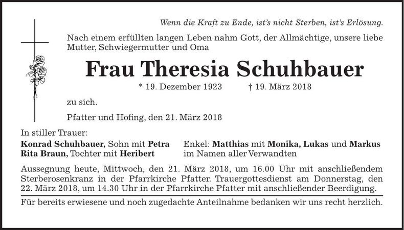 Traueranzeige Theresia Schuhbauer