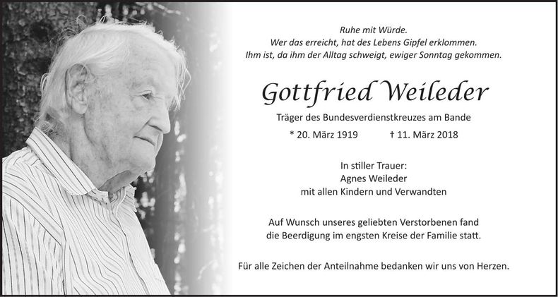 Traueranzeige Gottfried Weileder