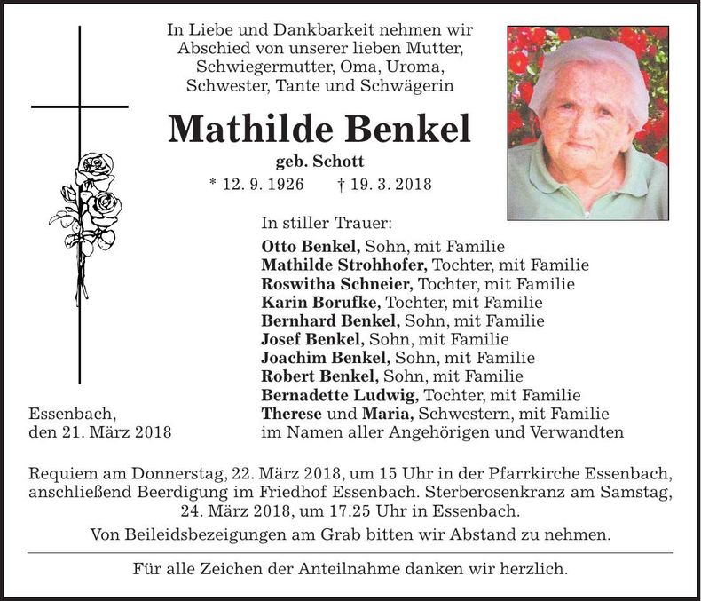 Traueranzeige Mathilde Benkel