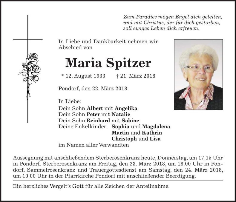Traueranzeige Maria Spitzer