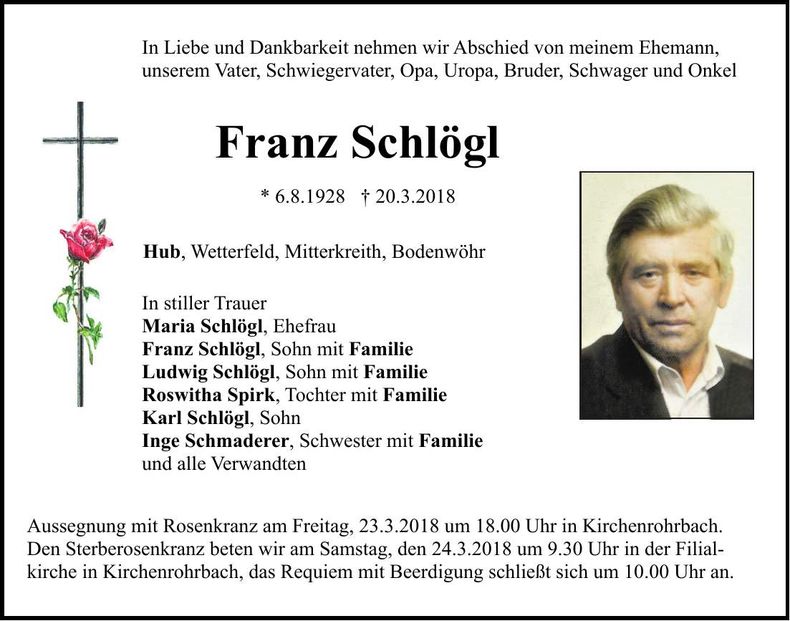 Traueranzeige Franz Schlögl