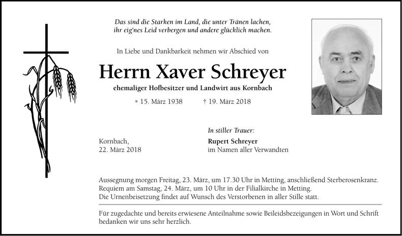 Traueranzeige Xaver Schreyer