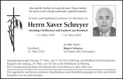 Traueranzeige Xaver Schreyer