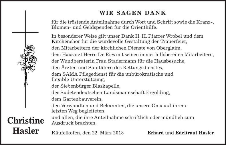 Traueranzeige Christine Hasler