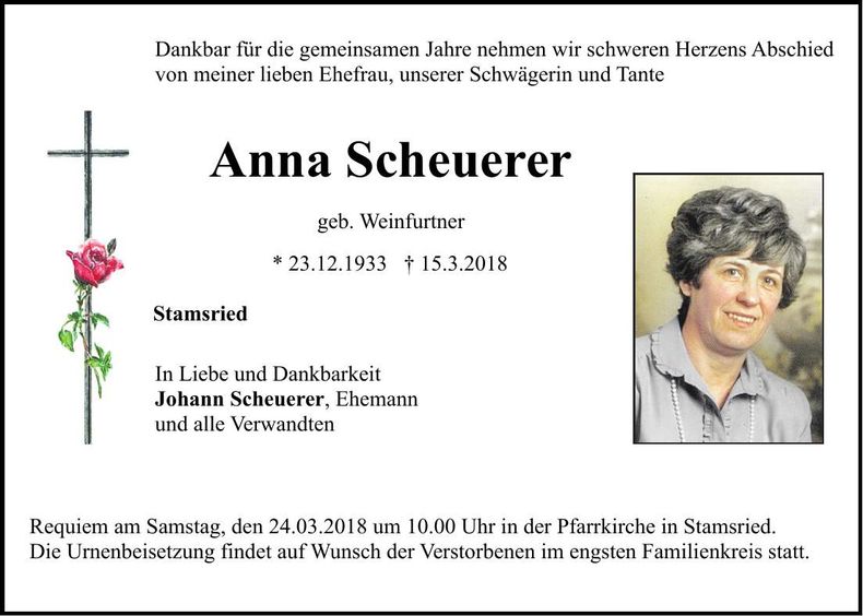 Traueranzeige Anna Scheuerer