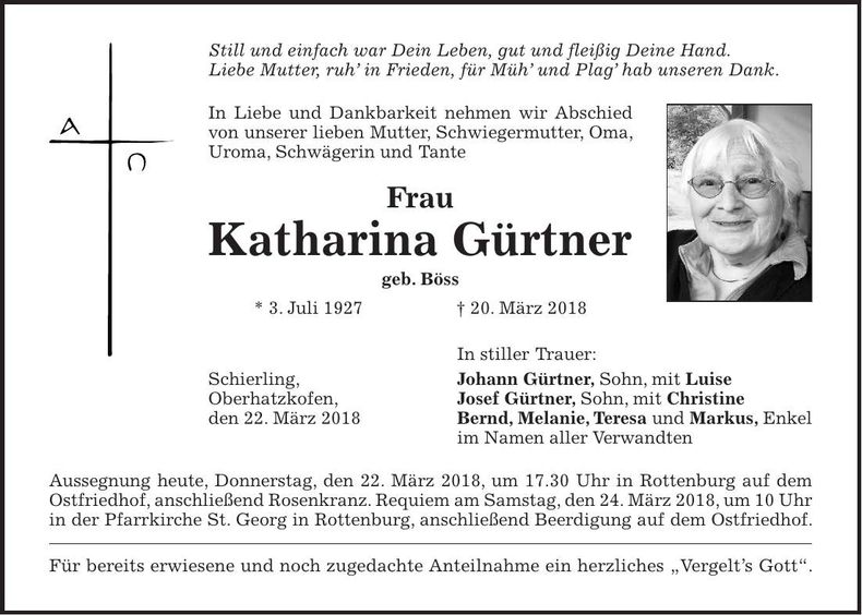 Traueranzeige Katharina Gürtner