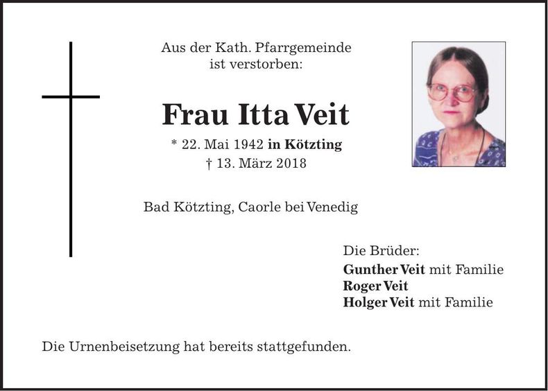 Traueranzeige Itta Veit