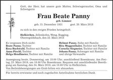 Traueranzeige Beate Panny