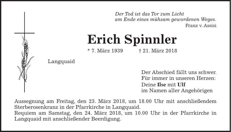 Traueranzeige Erich Spinnler