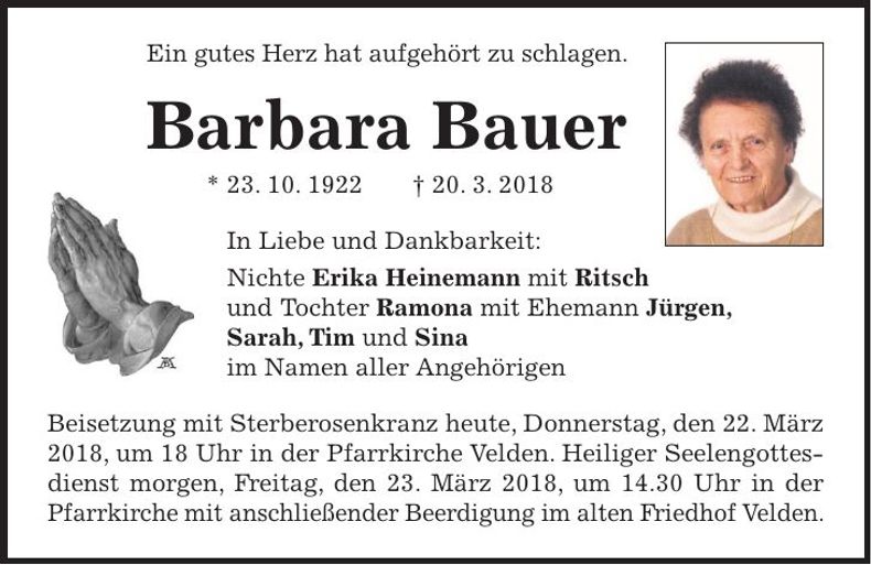 Traueranzeige Barbara Bauer