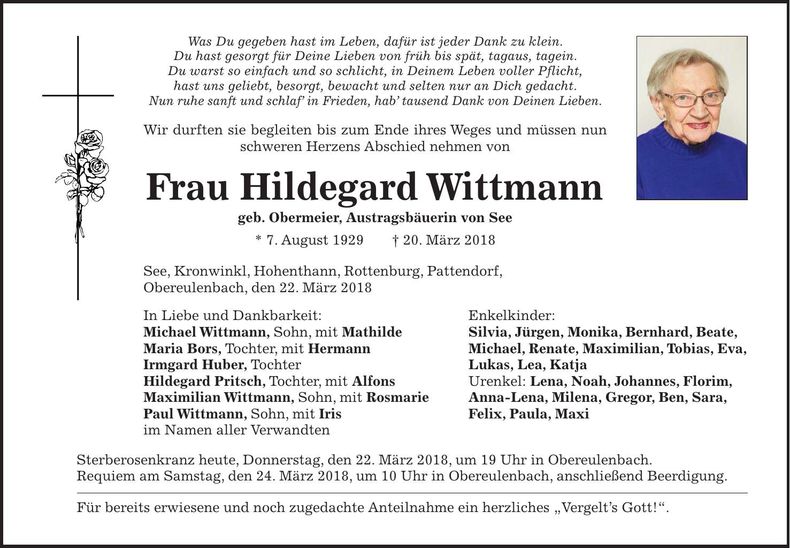 Traueranzeige Hildegard Wittmann
