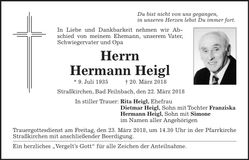 Traueranzeige Hermann Heigl